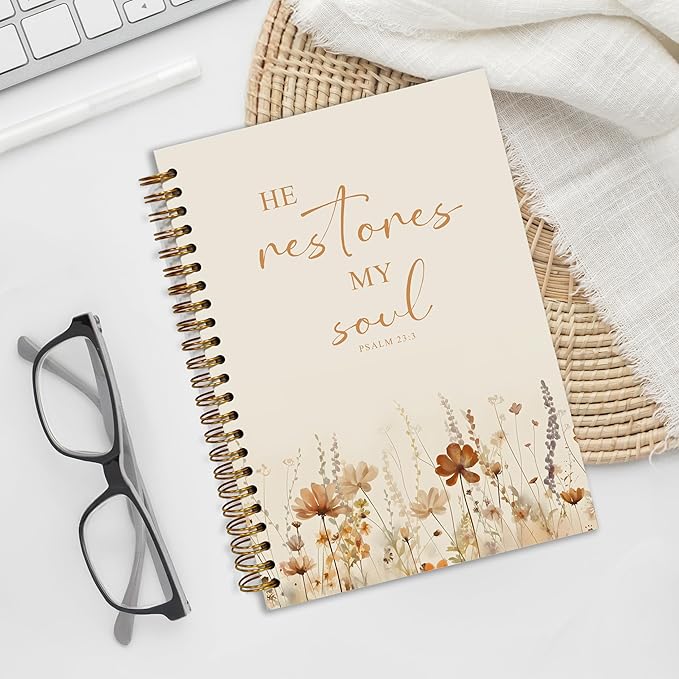 Bible Notebook, A5 Spiral Christian Journal, Bible Verse-He Restores My Soul, Inspirational Notebooks for Women, Bible Study, Gift for Birthday Christmas, Office Supplies (Light coffee color)