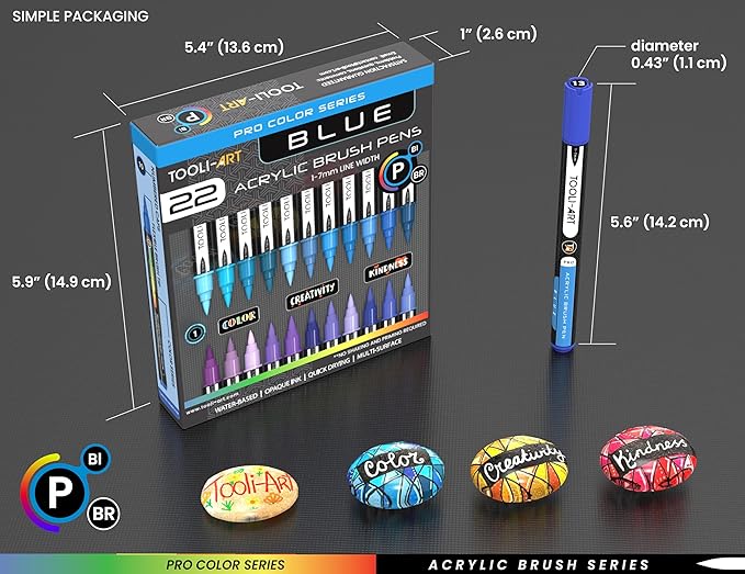 22 Flexible Brush Tip Acrylic Paint Pens Markers Set 1-7mm Line for Rock Painting, Brush Lettering, Glass, Mugs, Wood, Metal, Canvas, Fabric, Plastic. Non Toxic Waterbased Quick Drying Assorted Blue