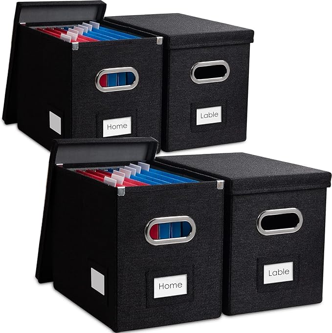 PRANDOM File Organizer Box - Set of 4 Collapsible Decorative Linen Filing Storage Hanging File Folders with Lids Office Cabinet Letter Size Black (14x9.3x10.8 inch)