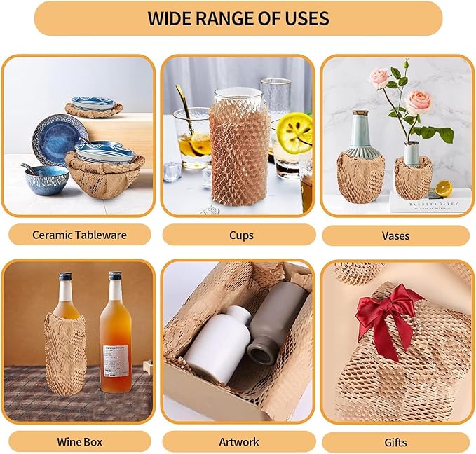 Honeycomb Packing Paper, HONSREO 15in x 300ft Eco Friendly Recyclable Cushioning Material, Bubble Wrap for Moving Shipping Breakable Supplies with 20 Fragile Sticker Lables (Brown)