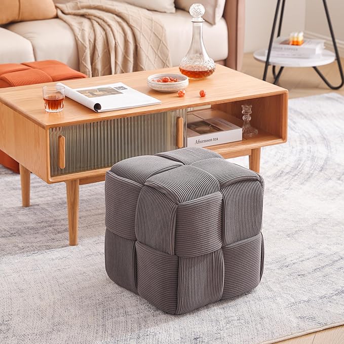 Ottoman Foot Rest Soft and Comfortable Ottoman Square Corduroy Woven Design Sofa Stool (Grey)