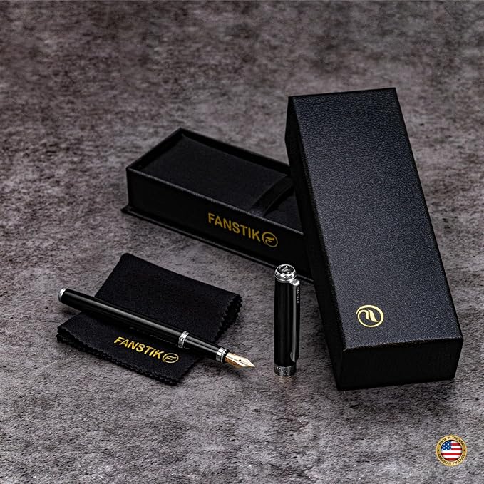 Black & Silver Luxury fountain pen (Made In USA) fancy gift set for women, Real 24K Gold Plating, Professional executive pen gift set for men (Lux fountain Black-Silver)