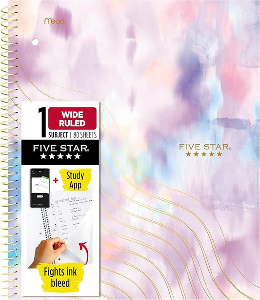 Five Star Spiral Notebook + Study App, 1 Subject, Wide Ruled, 8" x 10-1/2", 80 Sheets, Fights Ink Bleed, Water Resistant Cover, Pastel Tie Dye (930210F-ECM)