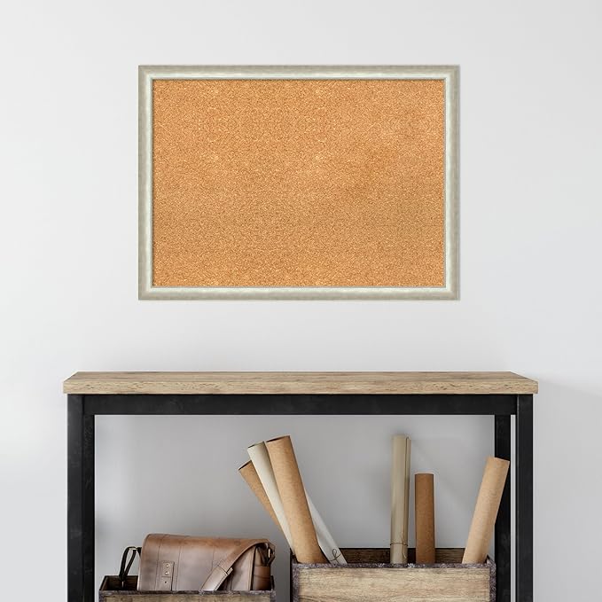 Amanti Art Natural Cork Board for Wall, 22x30 Vision Board with Silver Wood Frame, Medium Corkboard Office Decor for Home Organization, Modern Contemporary Corkboard Pinboard to display items for home