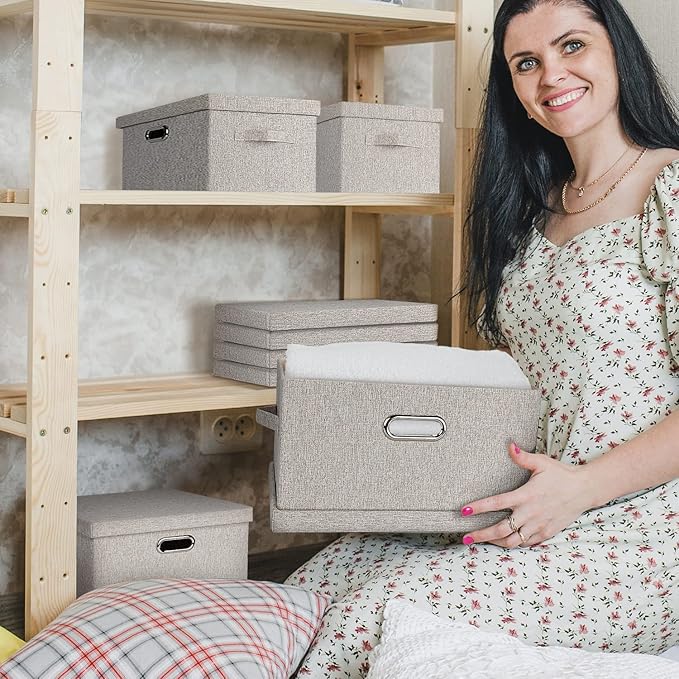 Medium 15" 21 Quart Collapsible Stackable Storage Bins with Lids, 5 Packs Beige Foldable Fabric Closet Boxes Heavy-duty Lidded Linen Cube Baskets Container Organizers and Storage