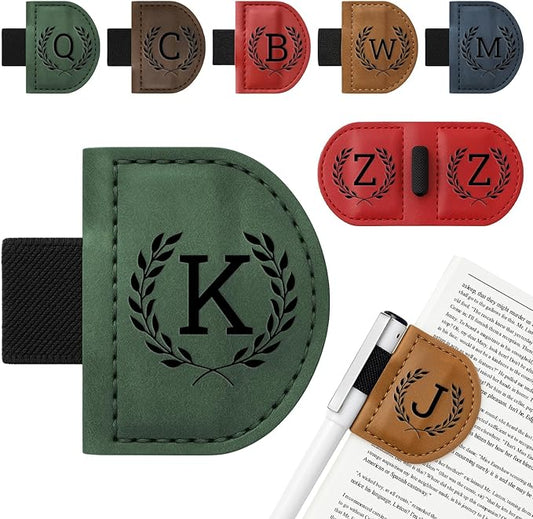 Personalized Bygone Mark Bookmark with Pen Holder,Engraving Leather Magnetic Bookmarks Vintage 26 Letters Name Initials Text Book Marker Clips Gifts for Reading Book Lovers Women (Green, K)