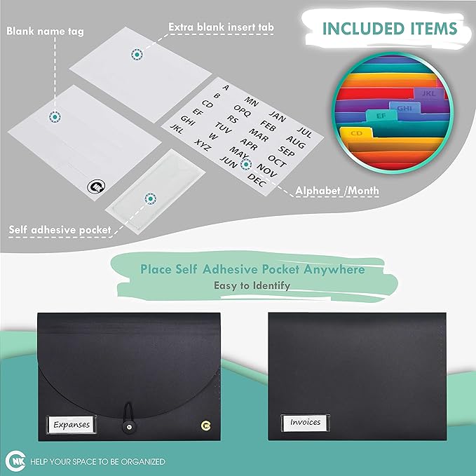 CNK File Folders Organizer with 13 Pockets Accordion Expanding Folder For Documents Receipt Document Paper Pocket Filing Products Accordian Important expandable holder files alphabetical Labels Letter