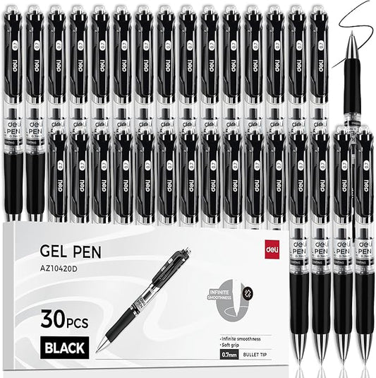 deli Gel Pens, 30 Pcs Retractable Pens Black Ink, Medium Point Pen Bulk 0.7mm, Smooth Writing, Fast Dry, No Bleed for Journaling Note Taking, Home School Office Supplies