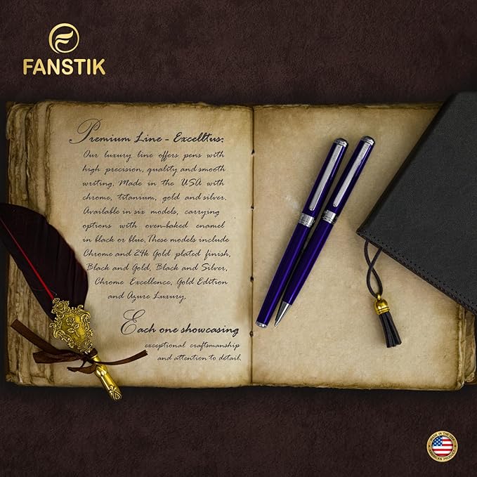 Blue Luxury fountain pen (Made In USA) fancy gift set for women, Chrome Finish, Professional executive pen gift set for men (Lux fountain Blue)