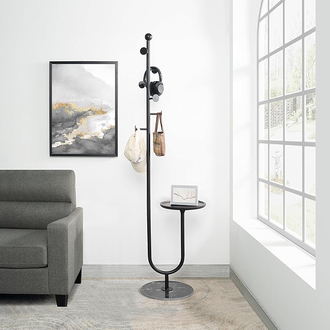 Coat Rack Stand, Metal Coat Tree with Bamboo Tray & 6 Hooks, Heavy Duty Marble Base Corner Coat Stand for Bedroom Hallway Entryway Living Room Office 13.78 x 13.78 x 68.11 Inches (Black)