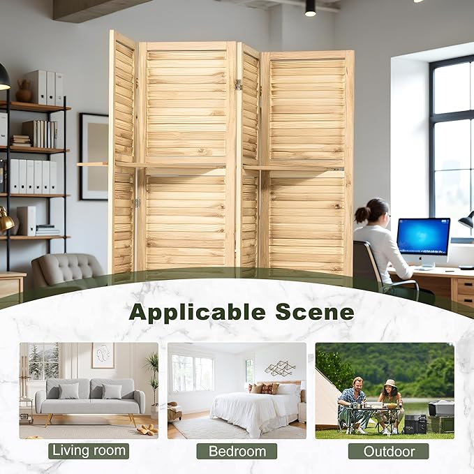 NicBex 4 Panel Room Divider,5.6FT Wood Carved Room Dividers with Display Shelves Folding Privacy Screens Portable Freestanding Partition Wall Dividers for Room Separation, Bedroom Office,Natural Wood