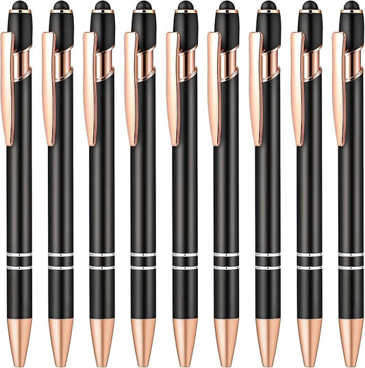 Aozora 9 Pack Ballpoint Pens Smooth Writing 2-in-1 Stylus Retractable Ballpoint Pen with Stylus tip, Office Decor Metal Stylu Pen for Touch Screens, 1.0 mm Black Ink (Black)