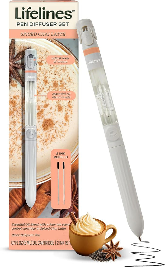 Lifelines Pen Diffuser Set, Spiced Chai Latte - 1mm Black Ballpoint Pen with Scented Essential Oil Blend & 2 Ink Refills – Aromatherapy Diffuser & Sensory Immersion Diffuse Aroma As You Write