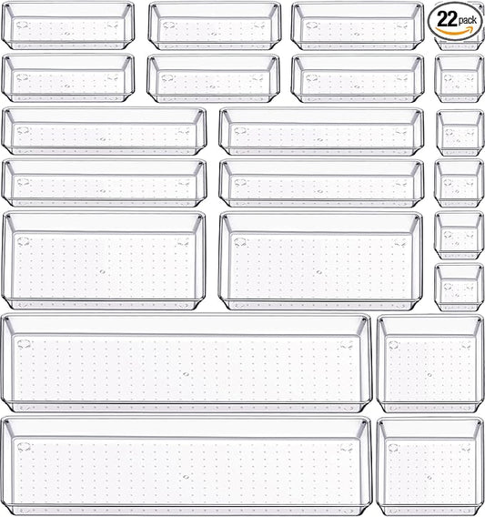 Criusia 22 Pcs Drawer Organizer Bins, Acrylic Non Slip Kitchen Drawer Organizers Storage Tray Divider, Multifunctional Storage for Cosmetics, Bathroom, Tools, Kitchen and Office