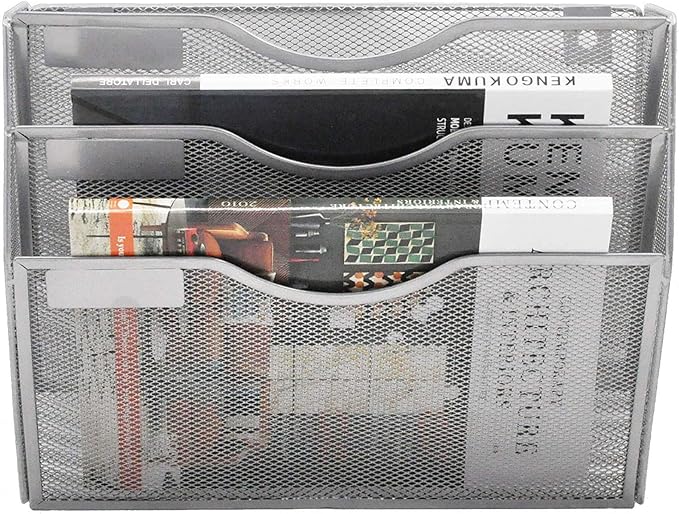 EASEPRES 3 Pocket Mesh Hanging Wall File Organizer, Wall Mounted Mail Paper Document Folder Holder, Clipboard Storage Organization Magazine Rack with Nametag Label for Office Home School, Silver