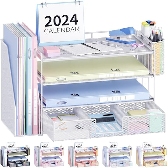 Desk Organizer and Accessories, 4-Tier Desktop File Organizer with Drawer and 2 Pen Holders, Office Desk Accessories for Office Supplies(White)