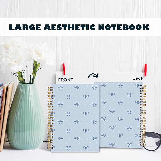 BearCake Coquette Blue Bow Notebook Journal, Preppy Bow Journal for Women Girls, Blue Cute Office Supplies, Girly Aesthetic Hardcover Spiral Notebook 5.5x8.3