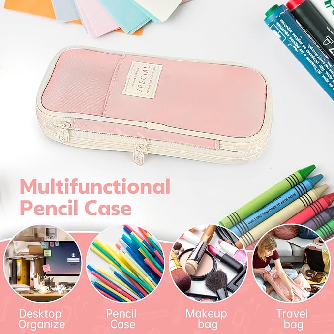 Pencil Case, Large Capacity Aesthetic Pencil Cases with Durable Zipper, Big Stationery Pencil Pouch for Women & Men, Adults Portable Storage Organizer Bag for College, office, Travel (Pink)