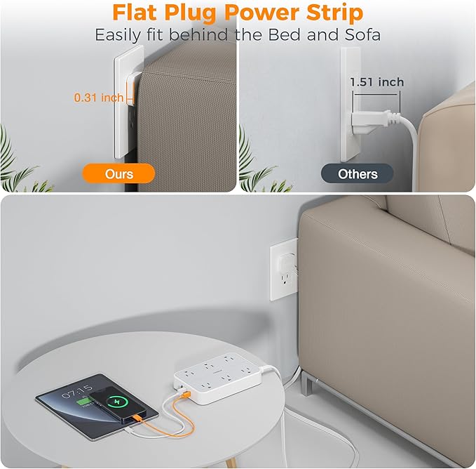 TESSAN Flat Extension Cord 10 FT with Flat Plug Power Strip, Small Extension Cord with 6 AC Outlet 1 USB C and 2 USB A, 1080J Surge Protector Power Strip, Wall Mount for Dorm Room Office Home