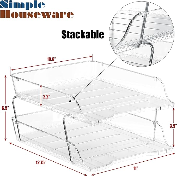 Simple Houseware 2-Tier Clear Stackable Letter Tray Organizer – Desktop File Holder for A4/Letter Size Paper, Document Sorter, Office Desk Paper Organizer, Transparent File Storage