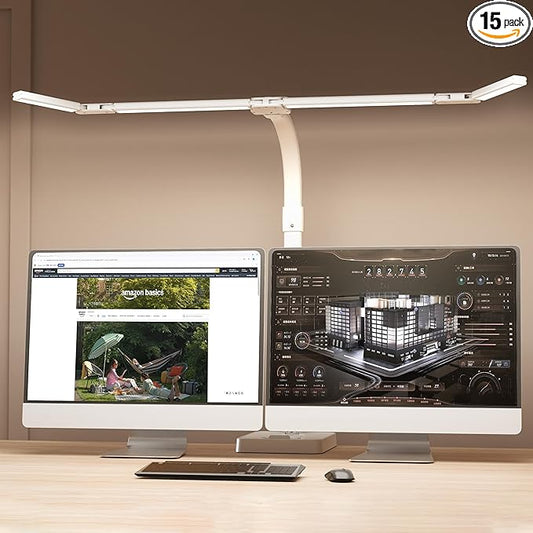 LED Desk Lamp for Home Office - 24W Bright Double Head Desk Light with Clamp Eye Caring Architect Task Light 25 Lighting Modes Adjustable Flexible Gooseneck Lamp (All White)