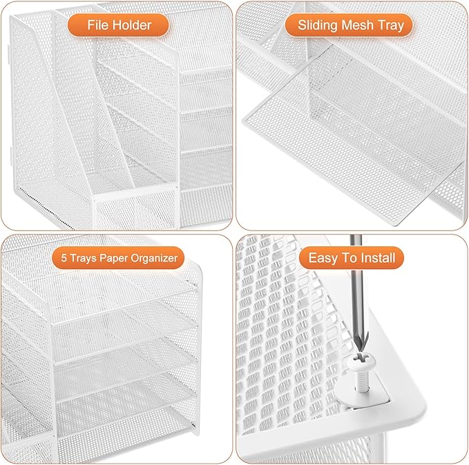 Marbrasse Desk Organizer with File Holder, 5-Tier Paper Letter Tray, Mesh Desk Organizers and Accessories with Magazine Holder, Desktop Organizer and Storage for Office Supplies (White)