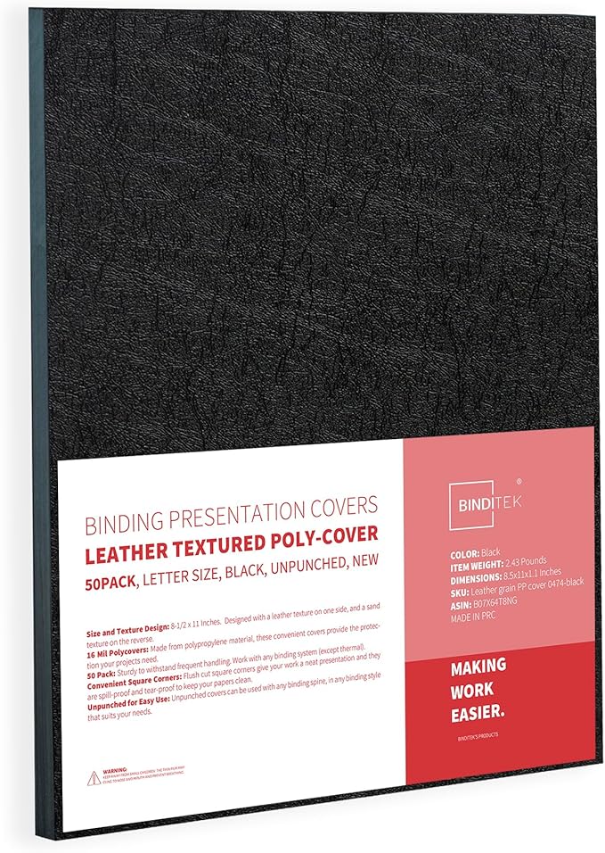Binditek 50 Pack 16 Mil Leather-Textured Heavyduty Polycovers, Plastic Binding Presentation Covers, Letter Size, 8-1/2 x 11, Unpunched, Square Corners, Black