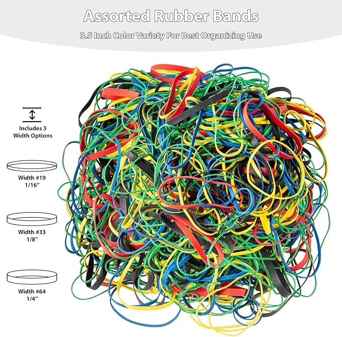 Rubber Bands Assorted Size & Color, Made In USA, 1 LB
