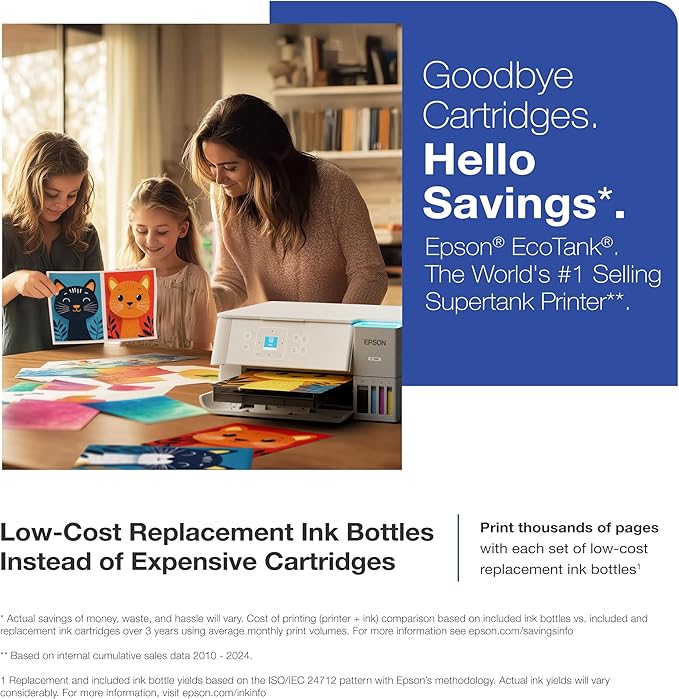 Epson EcoTank ET-2980 Wireless All-in-One Color Supertank Printer with up to 3 Years of Ink, Refillable Tanks, Perfect for Home, 15 PPM, 1.44" Color Screen, Auto 2-Sided Printing - White