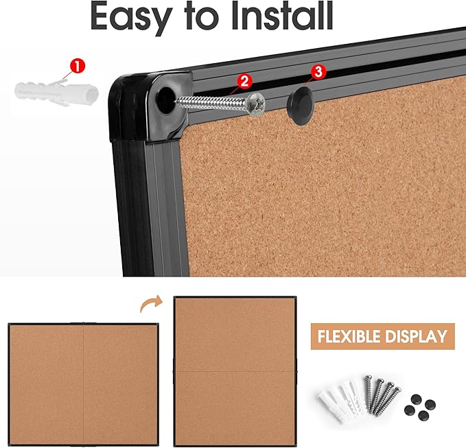 Board2by Extra Large Cork Bulletin Board 48" X 48", Foldable Notice Pin Board for Wall, Black Aluminum Framed 4'x4' Corkboard, Wall Mounted Noticeboard with 36 Push Pins for School, Home & Office