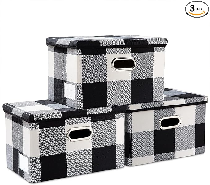 PRANDOM Collapsible Storage Bin with Lid [3-Pack] Fabric Foldable Storage Box Organizer Container Basket Cube with Cover for Home Bedroom Closet Office Nursery Black and White Grid(14.9x9.8x9.8)