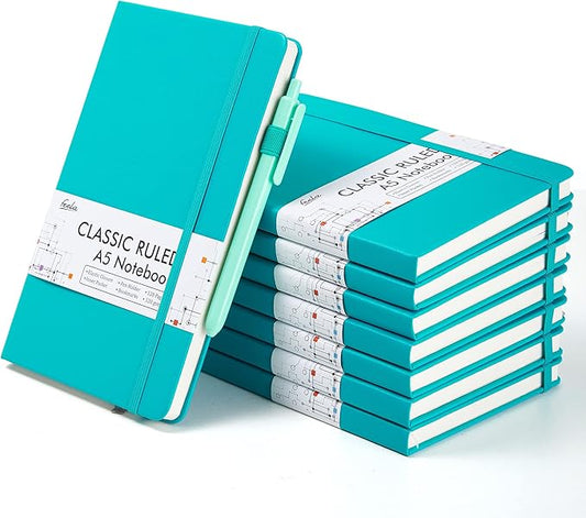 feela 8 Pack Notebooks Journals Bulk, Hardcover Notebook Classic Ruled Lined Journals with Pen Holder for Women Girls School Business Supplies, with 8 Black Pens, 120 GSM, 5.1”x8.3”, A5, Emerald