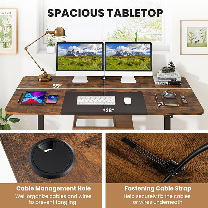 GOFLAME Height Adjustable Electric Standing Desk, 55 x 28 Inch Sit Stand Up Electric Desk with Metal Frame, Ergonomic Standing Workstation for Study, Office, Living Room, Brown