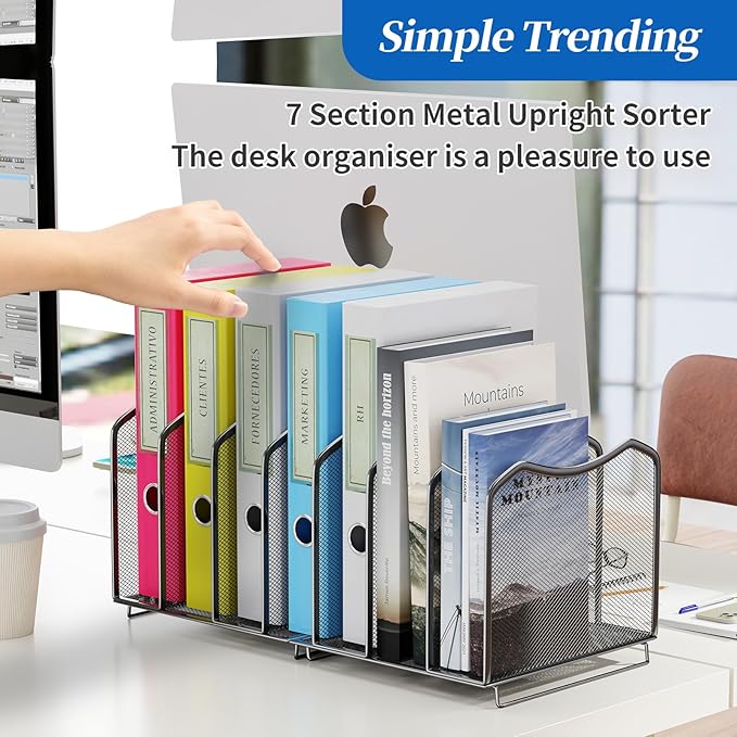 Simple Trending Mesh Desktop File Sorter Organizer, 7 Section Bookshelf For Desk Home Office, Black
