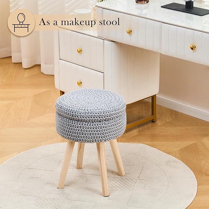 Round Foot Stool Ottoman with Storage Footrest with Wood Legs Cotton Knitted Vanity Stool Tray Top Coffee Table Multifunctional Upholstered Footstool for Living Room Bedroom Grey