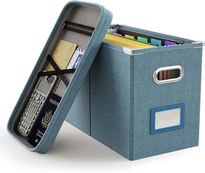 Oterri File Organizer Box with Lid, Hanging Filing File Box with Mesh Pocket, Document Organizer Box for Letter Files, Portable Storage Box with Smooth Sliding Rail for Office&Home (1 PCS, Dark-blue)