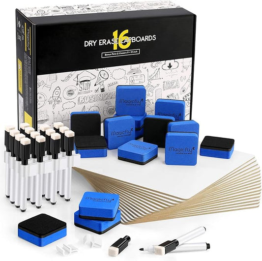 Magicfly Double-Sided Small White Board for Classroom, 9 x 12 Inches Dry Erase Lap Boards, Bulk Pack of 16 Mini White Board for Student, Teachers, Office, with 16 Pens, 16 Erasers & 16 Pen Clips