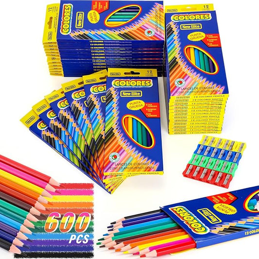 600 Count Colored Pencils Bulk, 12 Assorted Colors, 50 Packs Pre-sharpened Colored Pencils Back to School Supplies Aesthetic Kit for Kindergarten Preschool, with 24 Pcs Sharpeners