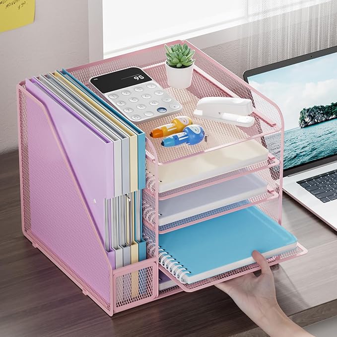 Marbrasse Desk Organizers and Accessories, 5-Tier Paper Letter Tray Organizer with File Holder, Mesh File Organizer, Office Desk Accessories & Organization for Supplies (Pink)