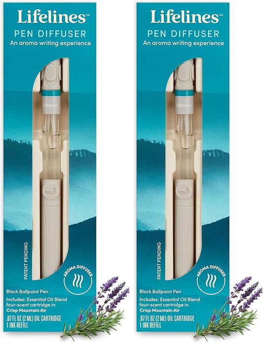 Lifelines Pen Diffuser Set, 2-Pack (Crisp Mountain Air) - 1mm Black Ballpoint Pens with Scented Essential Oil Blends – Aromatherapy Diffuser & Sensory Immersion Diffuse Aroma