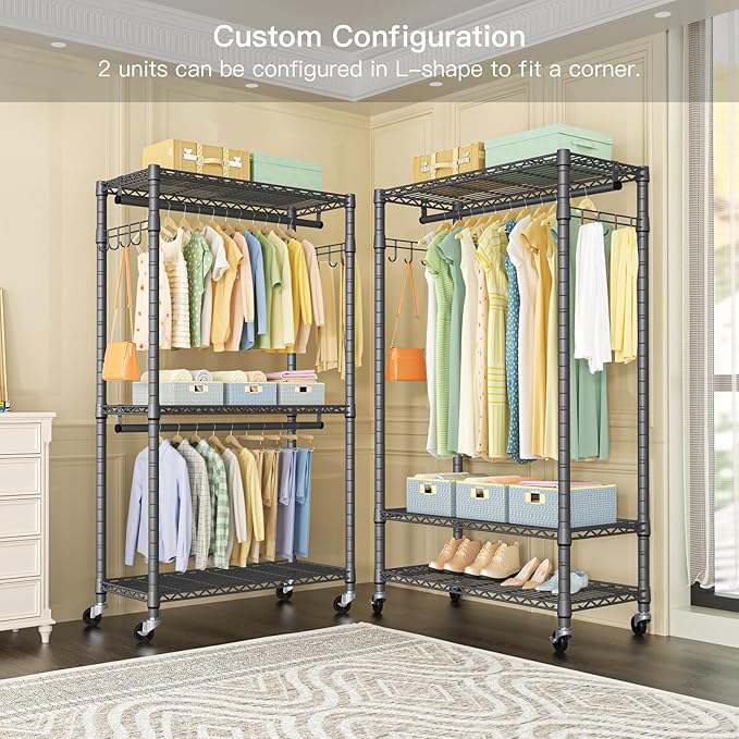 P1 Heavy Duty Garment Rack, 3 Tiers Adjustable Rolling Metal Closet Organizer with Lockable Wheels, FreeStanding Wardrobe with Double Hanger Rods & 1 Pair Hooks, Max Load 450 LBS, Gray