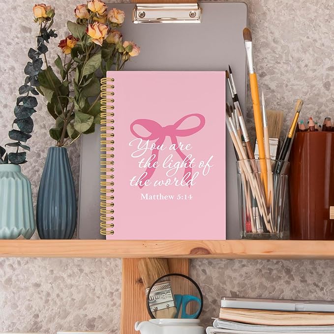 Coquette Pink Bows Spiral Notebook, Christian Bible Verse Journaling Notebooks for Note Taking, Preppy Aesthetic Inspirational Hardcover Journals for Teen Girls Women, 160 Pages 5.5 x 8.3 Inch