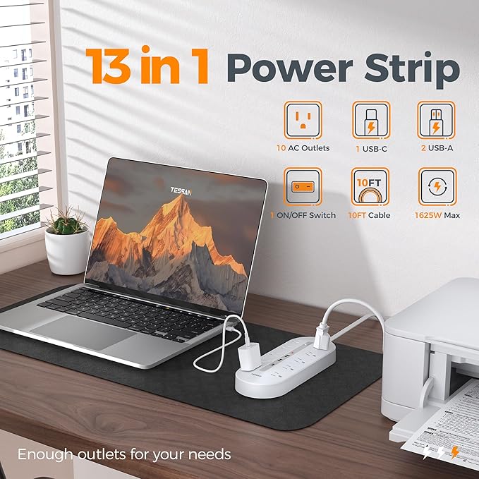 Surge Protector Power Strip 10 Ft Extension Cord, 10 AC Outlet Extender with 3 USB (1 USB C), TESSAN Flat Extension Cord with Multiple Outlets, Flat Plug Power Strip for Home, Office, Dorm Essentials
