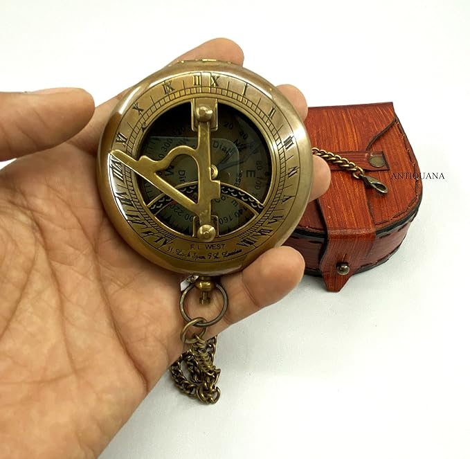 Antique Brass & Copper Sundial Compass, Sundial Clock in Box Gift Sun Clock Ship Replica Watch, Nautical Gifts for Men, Unique Nautical Decor, Naval Maritime Sundial (#6 Antique Push Button)