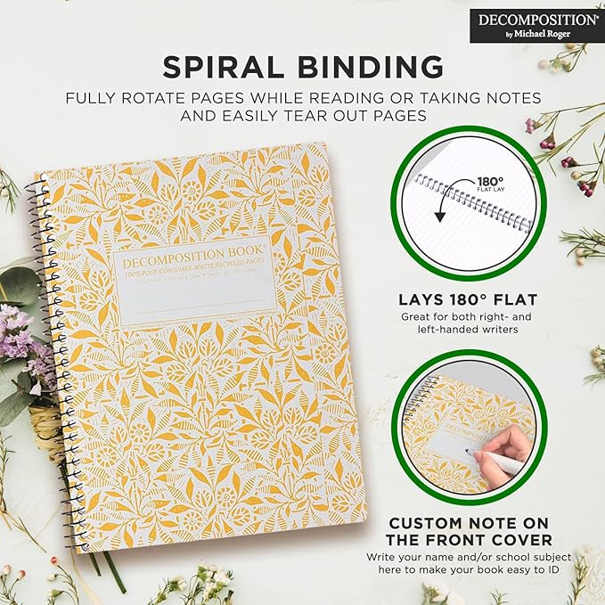 Decomposition 3-Pack Floral Harmony College Ruled Spiral Notebook - 9.75 x 7.5 Journal with 160 Lined Pages - 100% Recycled Paper - Cute Notebooks for School Supplies, Home & Office - Made in USA