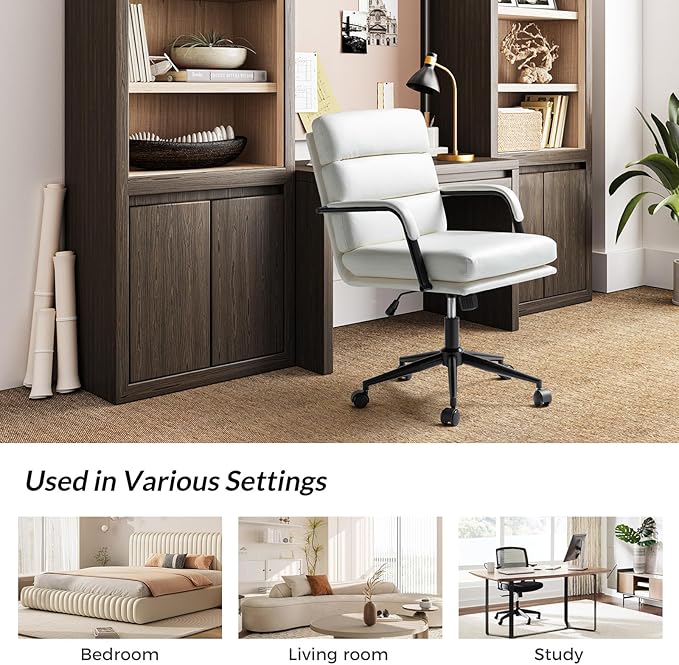 HULALA HOME Modern Faux Leather Home Office Chair with Tilt Lock & Metal Base, Desk Chair with Wheels & Padded Cushion, 360° Swivel Wide Seat Computer Task Chair, White