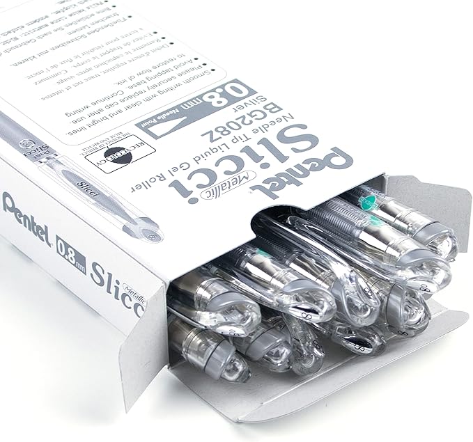 Pentel Arts Slicci 0.8mm Needle Tip, Medium Gel Pen, Silver Metallic Ink (BG208-Z), 12 Pack