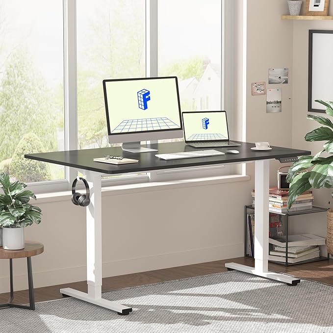 FLEXISPOT EN1 One Piece Standing Desk, 48 x 24 Inch Electric Adjustable Height Desk for Home Office and Computer Workstation (White Frame + Black Top, 2 Packages)