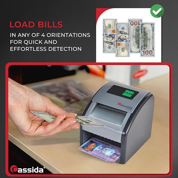 Cassida Omni-ID 2-in-1 Currency Counterfeit Detector with UV Identification Verification Lights – Bill Checker with Infrared, Magnetic and Ultraviolet Sensors - Easy to Read PASS/FAIL Display