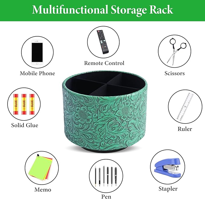 lizimandu Round Leather Art Supply Organizer,Remote Control Holder,360 Degree Spinning,Multi-Functional Pencil Holder,4 Compartments Desktop Stationary Organizer(1-Carved Green)